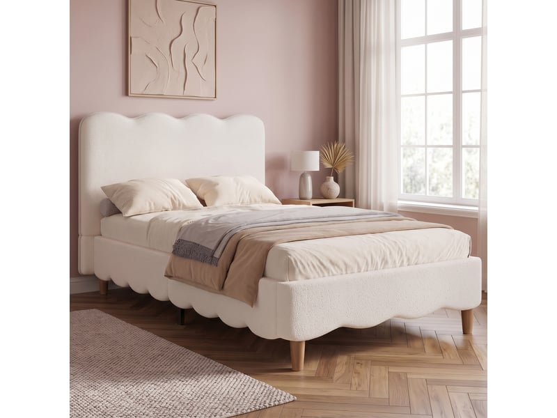  Lit enfant simple 90×200 cm tête de lit rembourrée et rangement  - sans matelas, bouclé blanc  - Conforama C