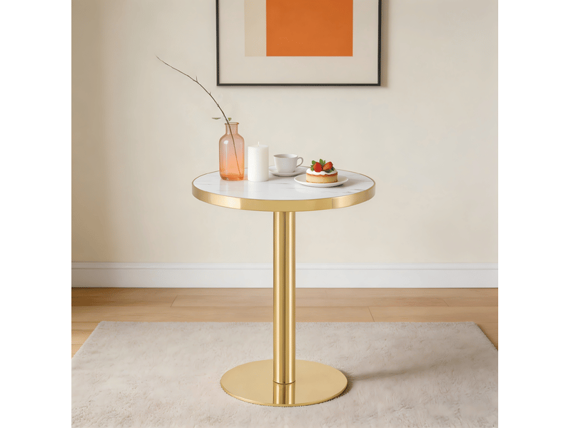  Table basse fixe ronde avec plateau aspect marbre, base stable et finition dorée pour salon, en mdf, blanc, style moderne  - Conforama C