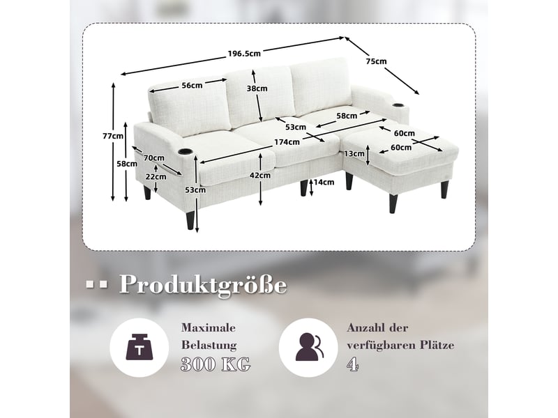  Canapé 4 places, canapé de salon – en velours, porte-gobelets, poches latérales, avec pouf, avec rangement, avec accoudoirs  - Conforama C