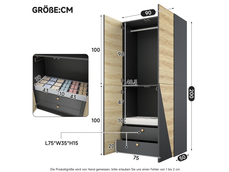  Armoire 2 portes avec penderie et tiroirs 90 x 50 x 200 cm homvra  - Conforama E