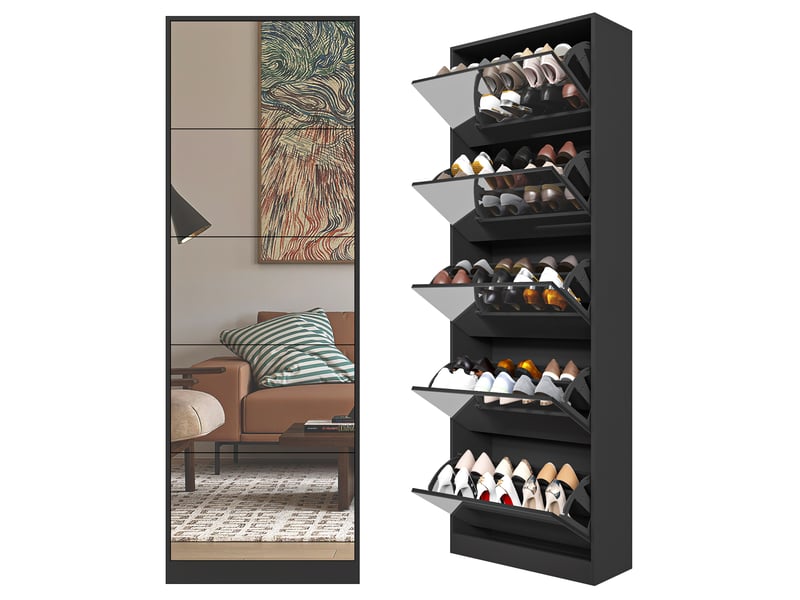  Armoire à chaussures miroir à 5 tiroirs pliables, armoire à chaussures double hauteur, armoire à chaussures miroir, armoire à chaussures libre, entrée, noir  - Conforama A