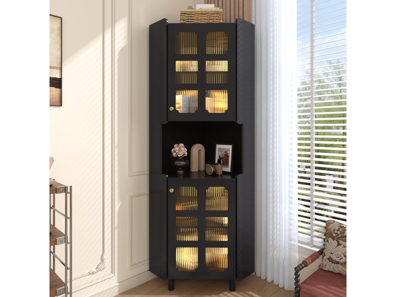  Meuble d’angle noir en mdf, finition laquée, led, rangement multifonction  - Conforama B