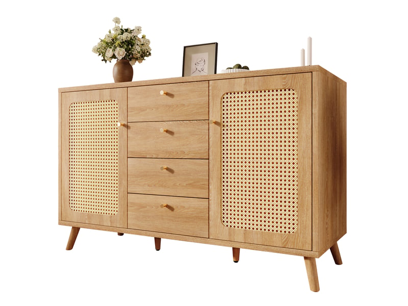  Buffet chêne clair 140 × 40 × 86 cm, 4 tiroirs et 2 portes effet rotin IKSETERA TRADING LTD - Conforama A