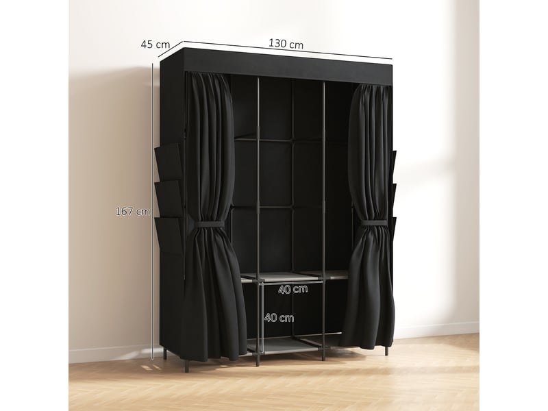  Armoire gain de place en tissu avec 3 tringles, 3 étagères, 6 poches latérales, portes anti-poussière zippées, noire  - Conforama E