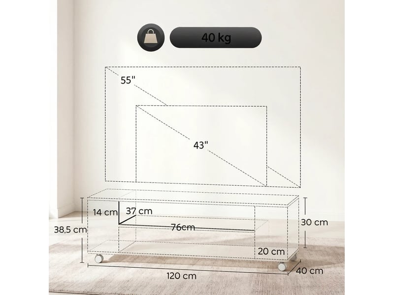  Meuble tv modenvie à roulettes ou mural 120 x 40 x 38,5 cm blanc et naturel  - Conforama C