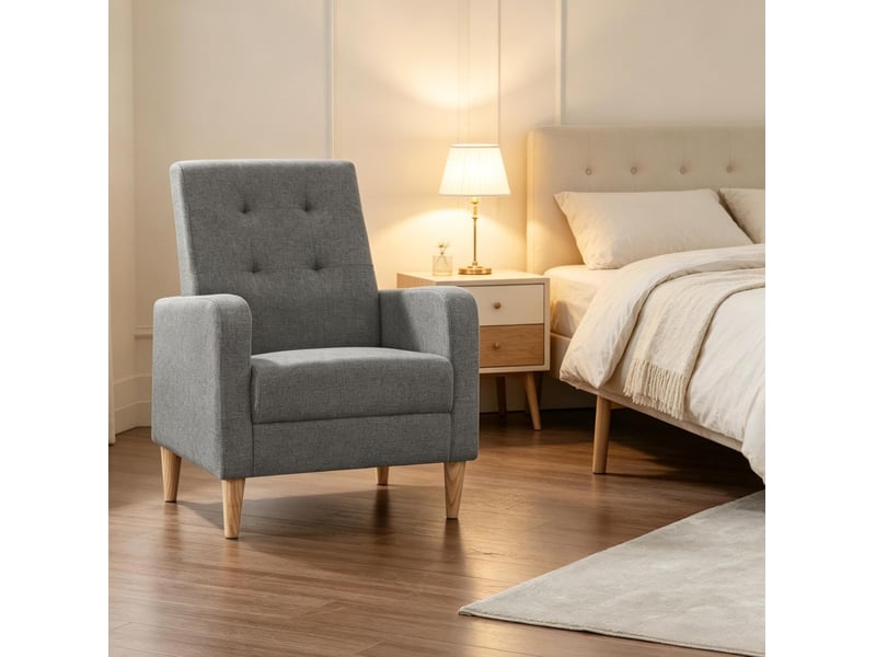  Fauteuil de lecture à dossier haut avec accoudoirs et assise rembourrée, en lin et bois massif gris foncé  - Conforama C