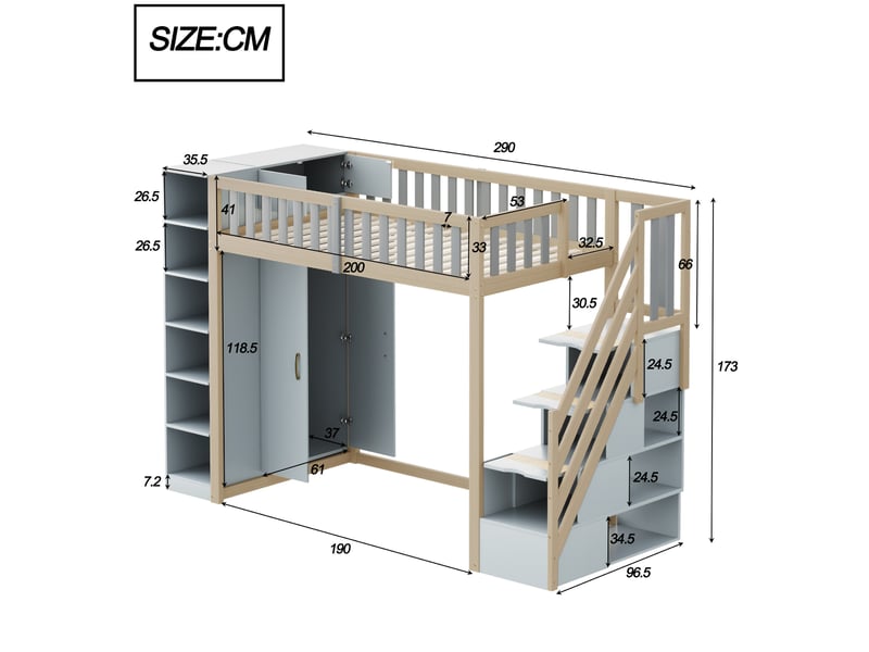  Lit mezzanine enfant 90 x 200 cm avec rangements gris et bois naturel  - Conforama E