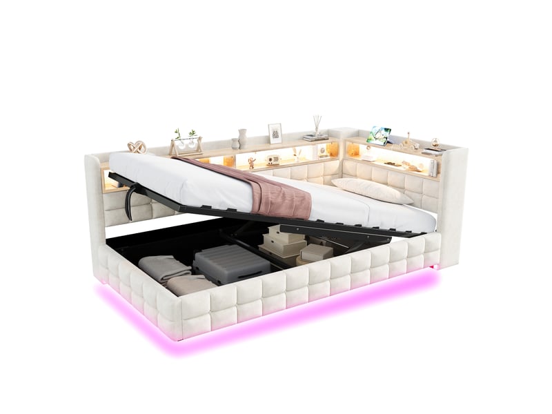  Lit coffre 90x200 cm - lit simple avec rangement hydraulique - tête de lit led, usb &amp; type-c - étagères - beige  - Conforama A