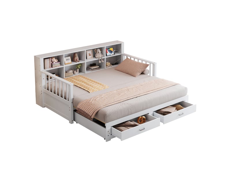  Lit banquette extensible 90x190180x190 cm – blanc – 2 tiroirs, rangement et prise intégrée – sans matelas  - Conforama A