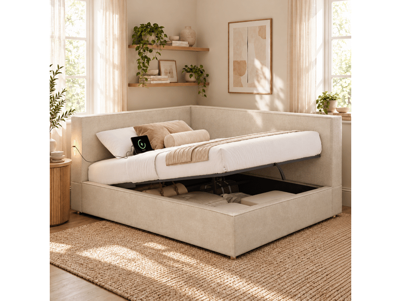 Lit coffre 140x190 cm, sommier inclus, rangement hydraulique, led, usb et usb-c, chenille beige, sans matelas  - Conforama B