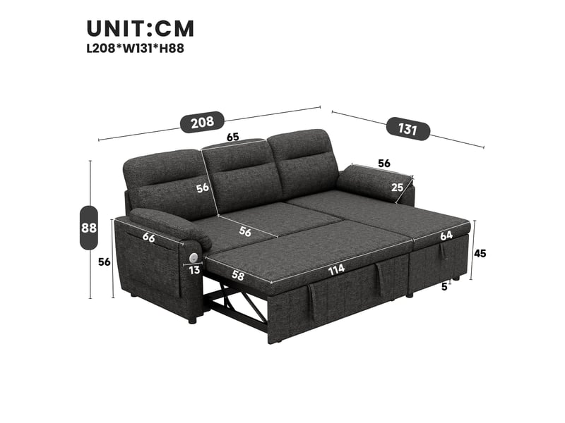  Canapé d'angle convertible 208x131x88cm avec méridienne réversible, couchage, coffre de rangement, usbtype-c, appuie-tête réglable, chenille-gris Bliss Lite - Conforama C
