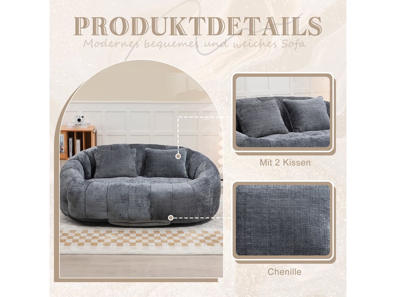 Pouf xxl canapé lounge gris 2 places en tissu chenille, fauteuil de sol mousse haute densité pour salon et chambre, 150x95x63cm - Conforama D