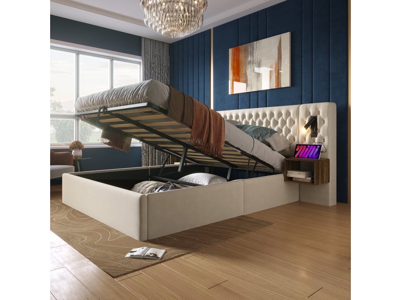 Lit coffre 180 × 200 cm avec 2 tables de chevet, lampe de lecture, usb et type-c, sans matelas, beige  - Conforama C