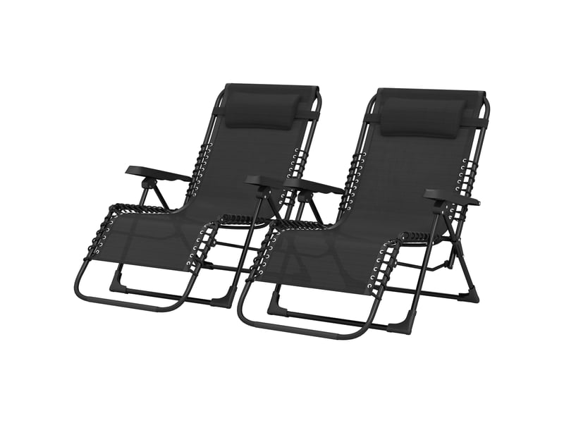Lot de 2 bains de soleil pliant, transat inclinable, chaise longue textilène noir 90x65x112cm - Conforama A