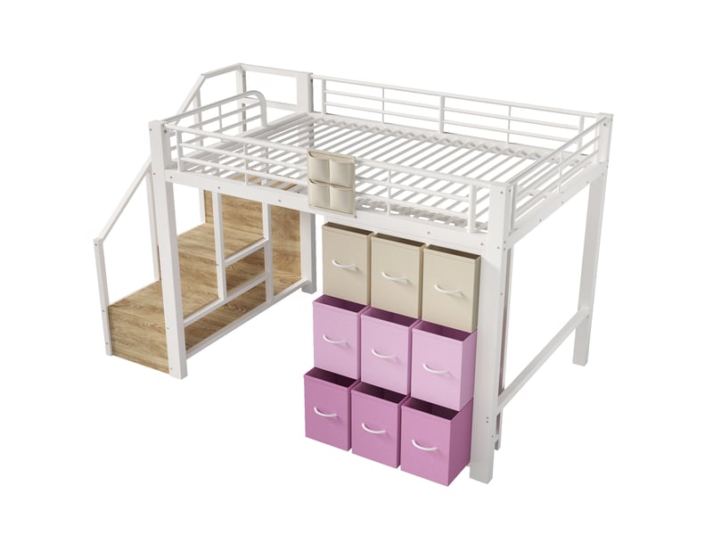  Lit mezzanine métal 140x200 cm blanc avec tiroirs, penderie et escalier rangement  - Conforama D