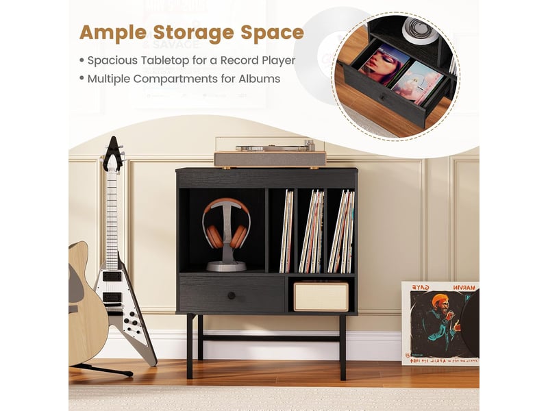Meuble platine vinyle 3 niveaux pour albums, support de tourne-disques avec tiroir, compartiments ouverts, pour vinyles pour salon, studio (noir)  - Conforama C
