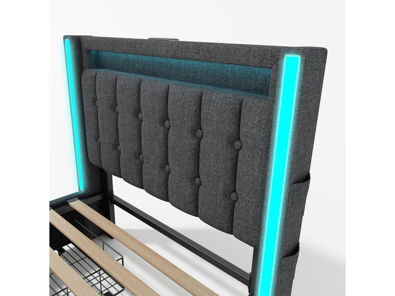 Lit simple 90x200 cm avec led, usb et rangements, lin, gris, matelas inclus - Conforama E
