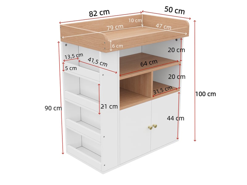  Commode à langer 2 en 1 82x50x100 cm, rangement, plan de soin 90 cm, barrière amovible, mdf naturel et blanc  - Conforama C