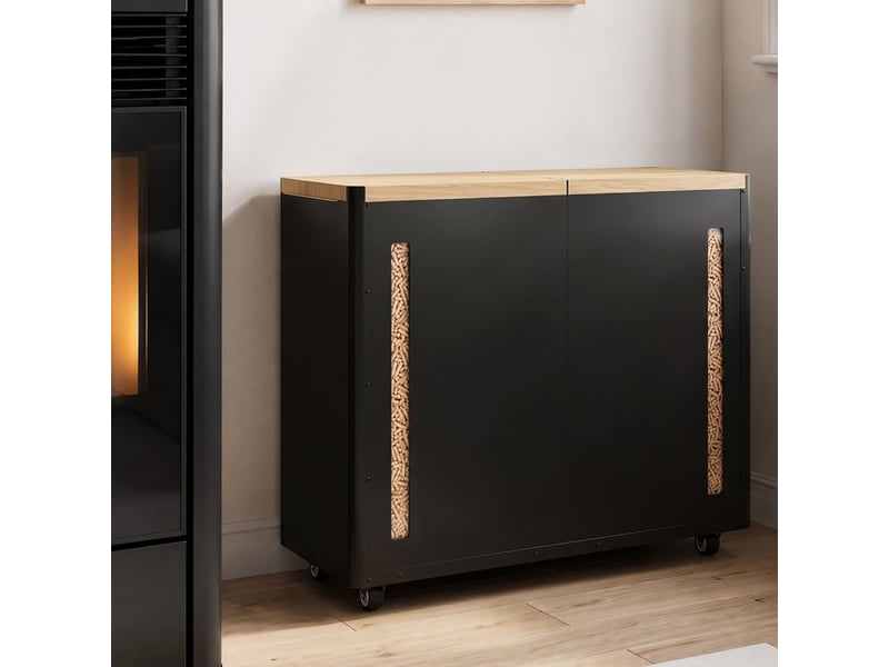  Double réservoir à granulés 60 kg noir et bois rangement à pellets et accessoires 73 x 30 x 60 cm  - Conforama B
