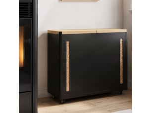 Double réservoir à granulés 60 kg noir et bois rangement à pellets et accessoires 73 x 30 x 60 cm