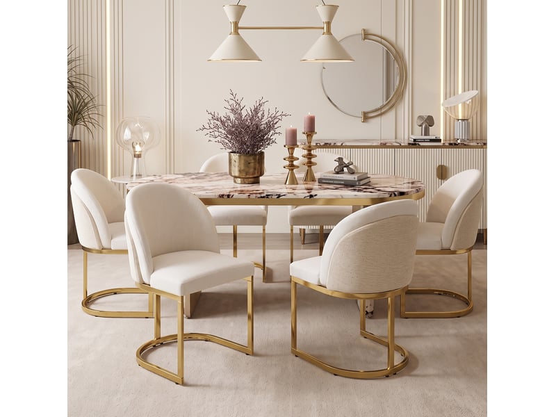  Lot de 2 chaises de salle à manger 59×52×85cm dossier double en chenille beige et or, pieds métalliques éclatants  - Conforama D