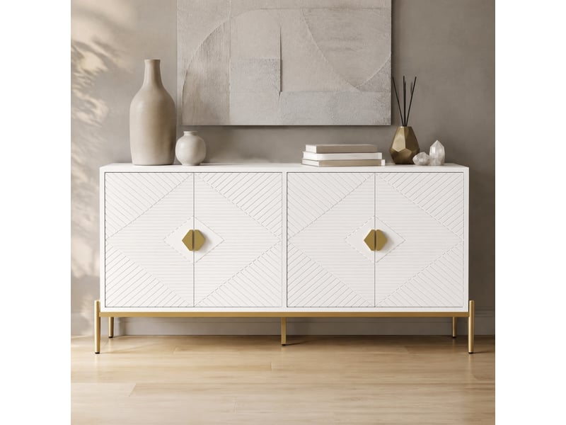  Buffet bas blanc à 4 portes géométriques 162 x 40 x 80 cm  - Conforama B