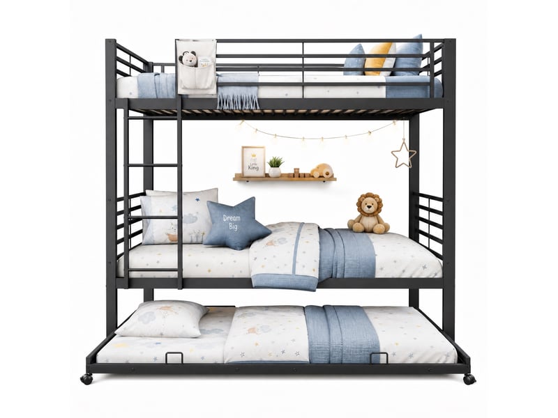  Lit superposé enfant 90x200 cm avec lit gigogne en métal couleur noir, sans matelas, design industriel, design moderne  - Conforama A