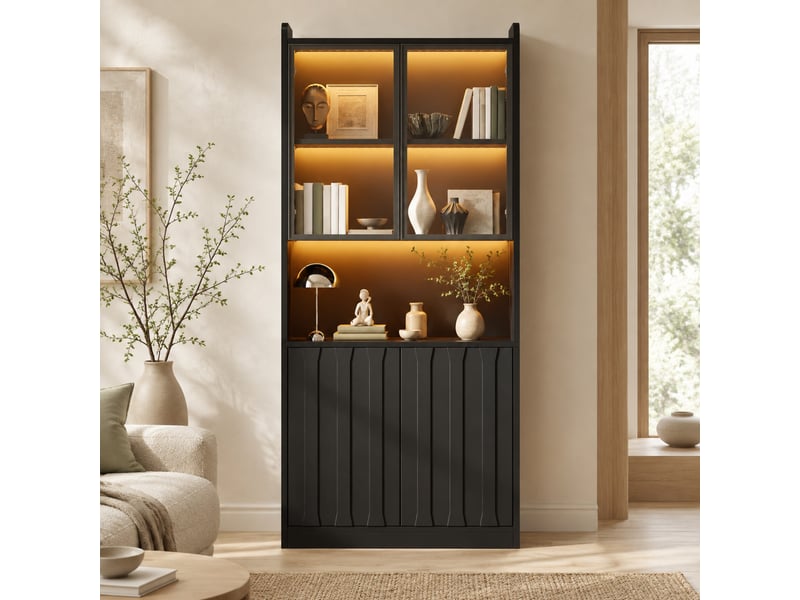  Vitrine avec 4 portes, 5 compartiments, led et étagères réglables pour salon en panneaux de particules, 80×35×200 cm  - Conforama C