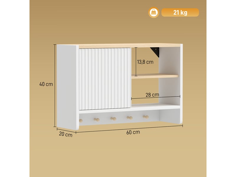 Armoire murale de salle de bain, meuble de rangement de salle de bains avec porte, étagères ouvertes et 5 crochets  - Conforama E