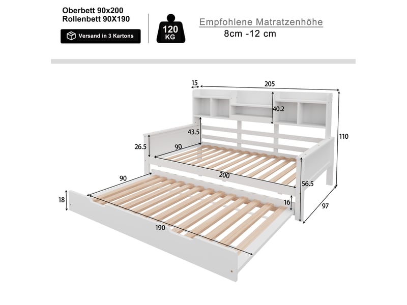  Lit gigogne 90x200+90x190cm, lit de repos avec espace de rangement et sommiers, pin+mdf, blanc, sans matelas  - Conforama D