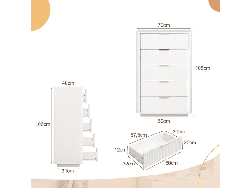  Commode 5 tiroirs, 70x40x108 cm, chiffonnier moderne pour chambre et salon, meuble de rangement en mdf avec coulisses silencieuses, blanc  - Conforama E