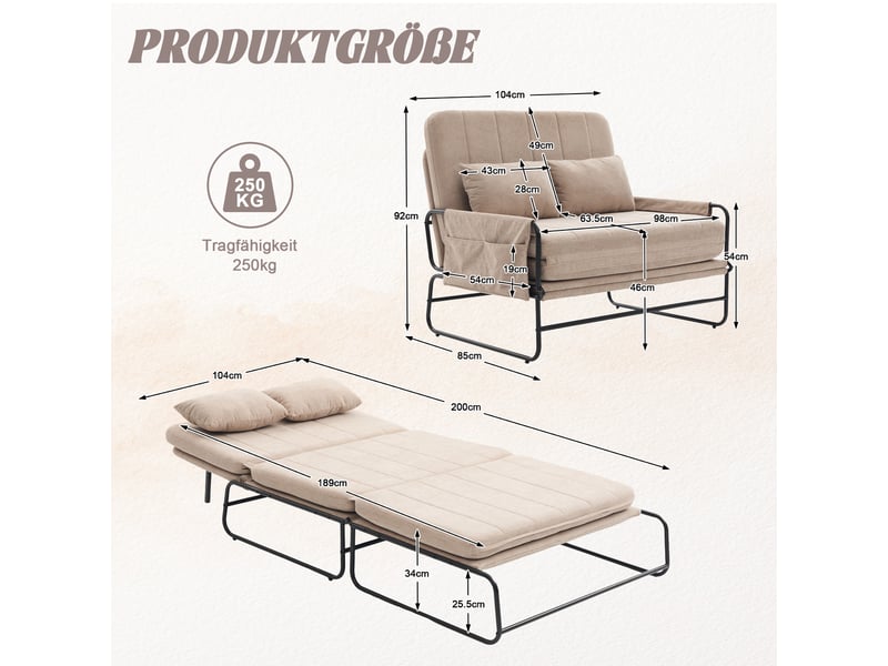 Canapé convertible 2 places kaki chenille, structure métal, poches latérales - Conforama C