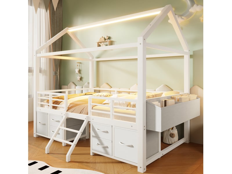 Lit mezzanine enfant 90 x 200 cm avec toit maison, tiroirs en tissu et éclairage led, blanc - Conforama C