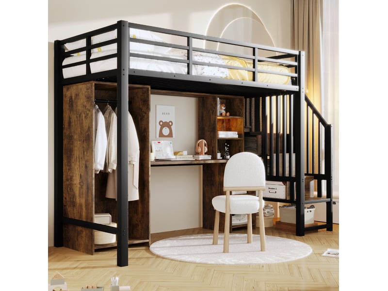  Lit mezzanine 90 x 200 cm avec bureau, armoire, rangements, métal et mdf, noir  - Conforama D