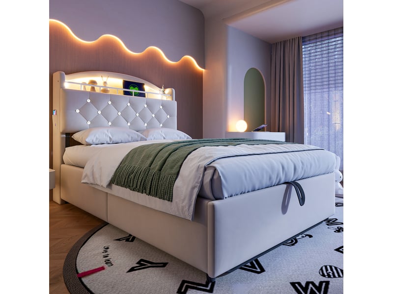Lit coffre enfant tcqpz 90 x 200 cm en velours avec rangement, led, usb et prise type-c beige - Conforama E