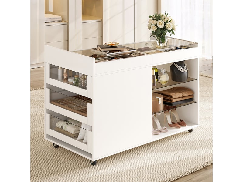  Commode 110 × 60 × 79 cm - meuble de rangement multifonctionnel - avec 5 tiroirs et étagères - avec roulettes - blanc  - Conforama E