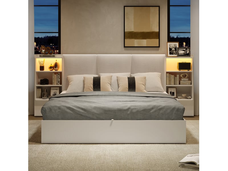  Lit coffre modenvie 180 x 200 cm avec tête de lit rembourrée, 6 compartiments de rangement, rangement hydraulique et éclairage led blanc  - Conforama E