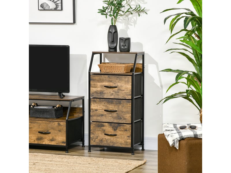  Meuble de rangement de style industriel avec 3 tiroirs amovibles en tissu et 2 étagères – 44 x 29 x 92 cm – bois et métal  - Conforama D