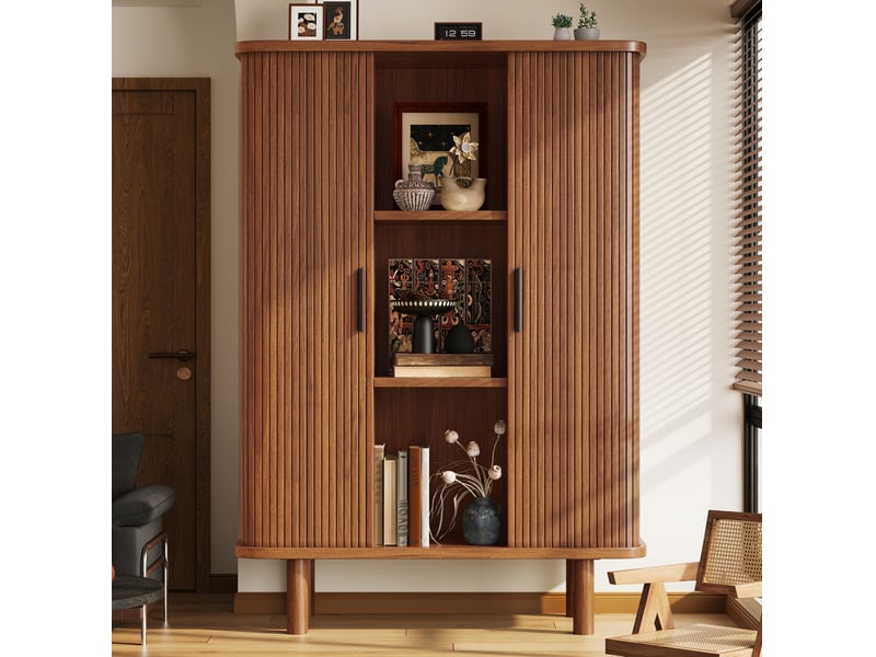 Buffet haut 110x40x160 cm à porte à rideau mdf et bois marron foncé - Conforama C