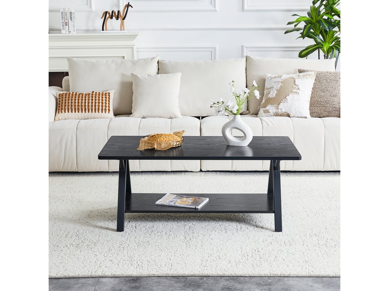  Table basse industrielle rectangulaire 110cm noir effet bois et métal – design moderne et double rangement  - Conforama E