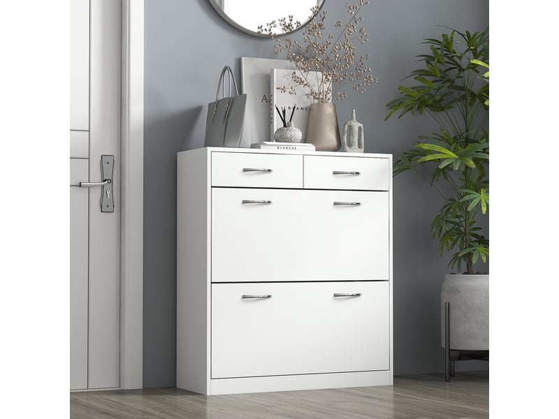  Étagère à chaussures 12 paires avec 2 étagères internes réglables et 2 tiroirs, en bois, 80 x 30 x 91,5 cm, blanche  - Conforama B