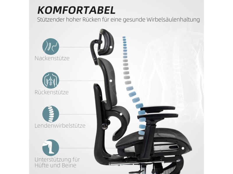 Chaise de bureau ergonomique en mesh avec accoudoirs, appui-tête, soutien lombaire, repose-pieds, noire - Conforama C