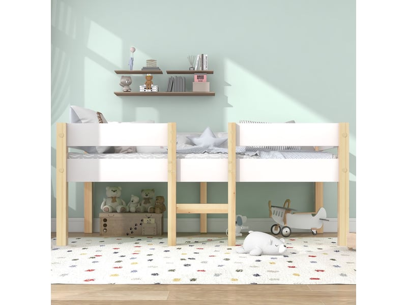  Lit enfant mi hauteur 90x190cm en bois de pin massif, lit simple structure en pin sommier inclus, blanc et chêne  - Conforama A