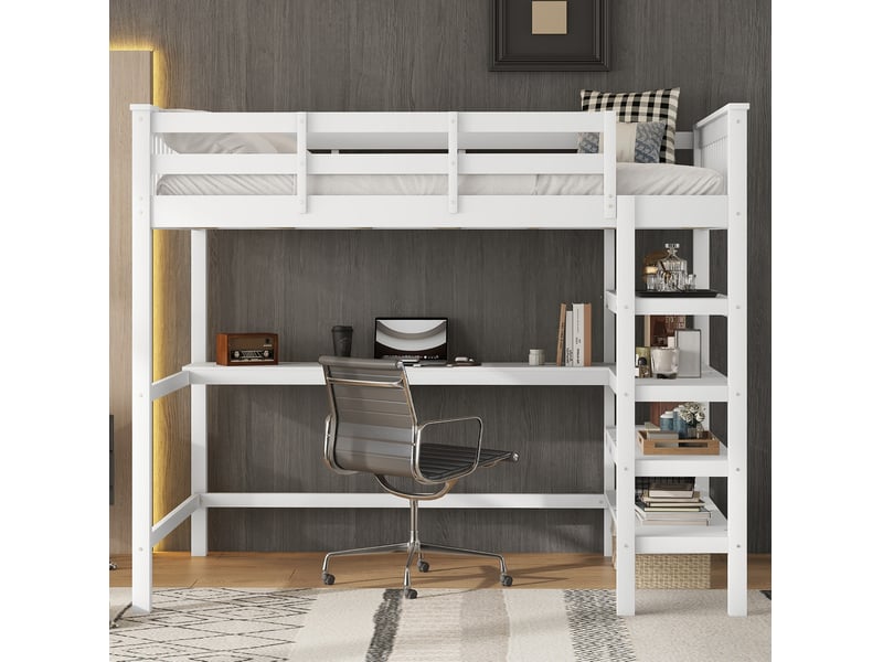 Lit mezzanine enfant 140x200 cm avec bureau et étagères coloris blanc  - Conforama D