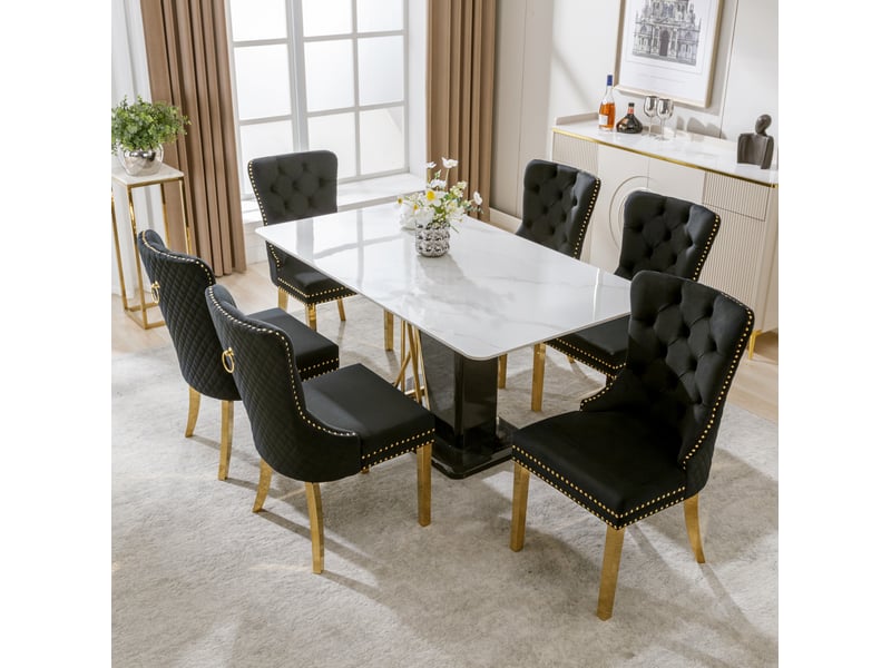  Lot de 6 chaises de salle à manger 50,5x45x95 cm, velours noir, anneau rond décoratif, pieds métalliques dorés  - Conforama B