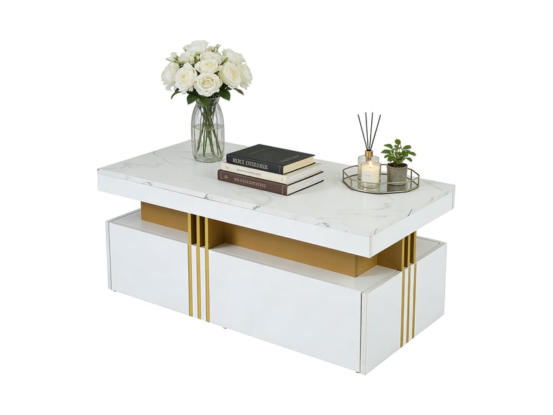 Table basse de salon avec tiroirs et espace de rangement, blanc