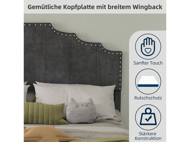 Lit 140x200 cm gris moderne — tête de lit moelleuse et coffre à gaz — sans matelas  - Conforama E