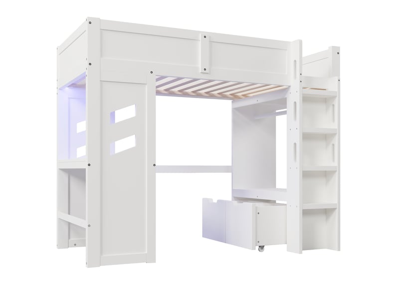  Lit mezzanine gaming 90x200cm avec bureau, led, usb et type-c, échelle, tiroir, sans matelas, blanc, structure pin  - Conforama A