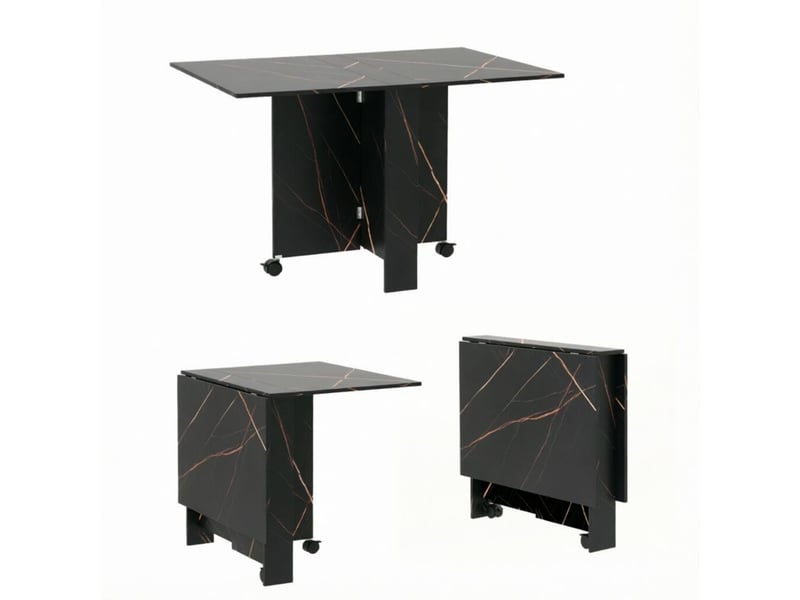 Table extensible pliante avec roulettes et rabattants, jusqu'à 6 personnes, en bois noir imitation marbre, 120×80×73 cm - Conforama A