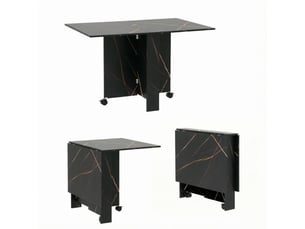 Table extensible pliante avec roulettes et rabattants, jusqu'à 6 personnes, en bois noir imitation marbre, 120×80×73 cm